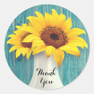 Rustic Sunflower Blue Wood Wedding Thank You Classic Round Sticker