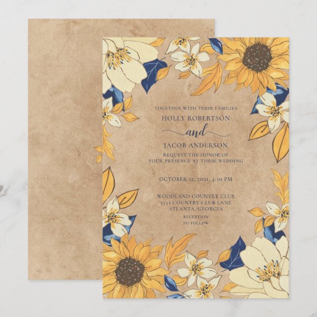 Rustic Sunflower Blue Yellow Floral Wedding Invitation (Front/Back)