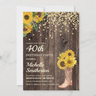 Rustic Sunflower Boots Glitter 40th Birthday Invitation