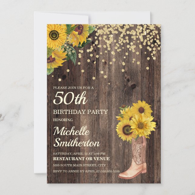 Rustic Sunflower Boots Glitter 50th Birthday Invitation (Front)