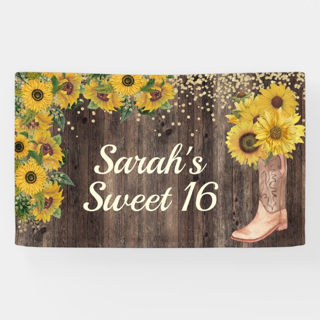 Rustic Sunflower Boots Glitter Sweet 16 Birthday  Banner (Horizontal)