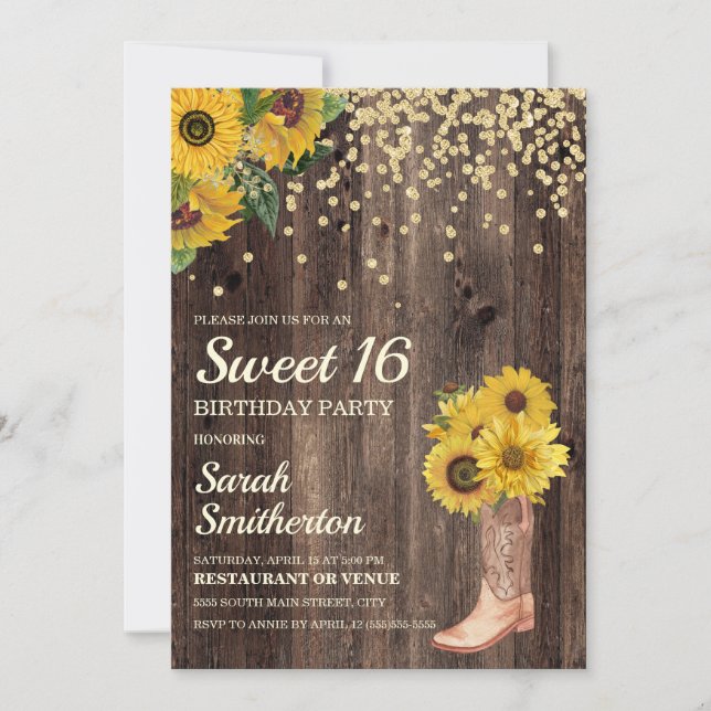 Rustic Sunflower Boots Glitter Sweet 16 Birthday Invitation (Front)