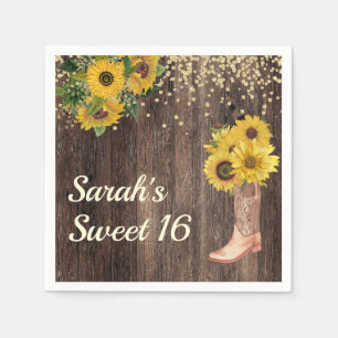 Rustic Sunflower Boots Glitter Sweet 16 Birthday Napkin