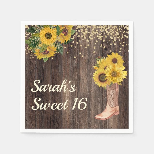 Rustic Sunflower Boots Glitter Sweet 16 Birthday Napkin (Front)