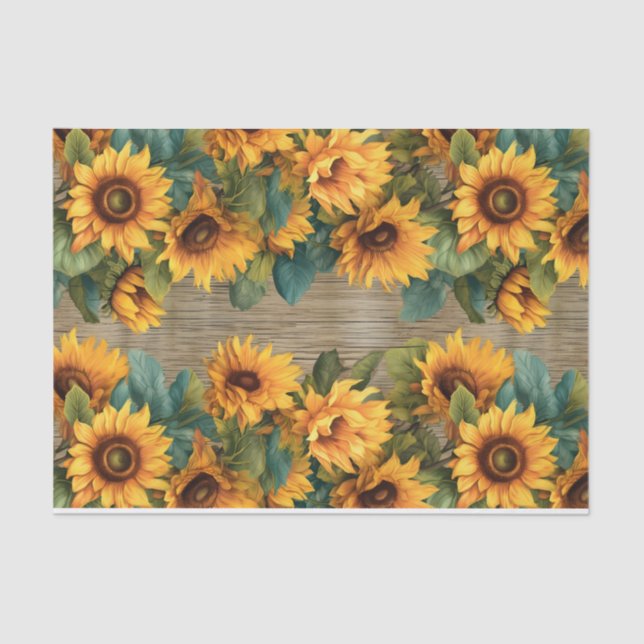 Rustic Sunflower Border on Wood Decoupage Tissue Paper (Front)