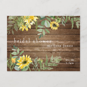 Rustic Sunflower Botanical & Wood Bridal Shower In Invitation Postcard