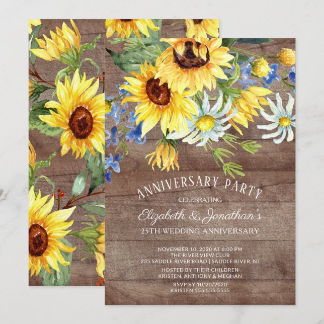 Rustic Sunflower Bouquet 25th Anniversary Party Invitation (Front/Back)
