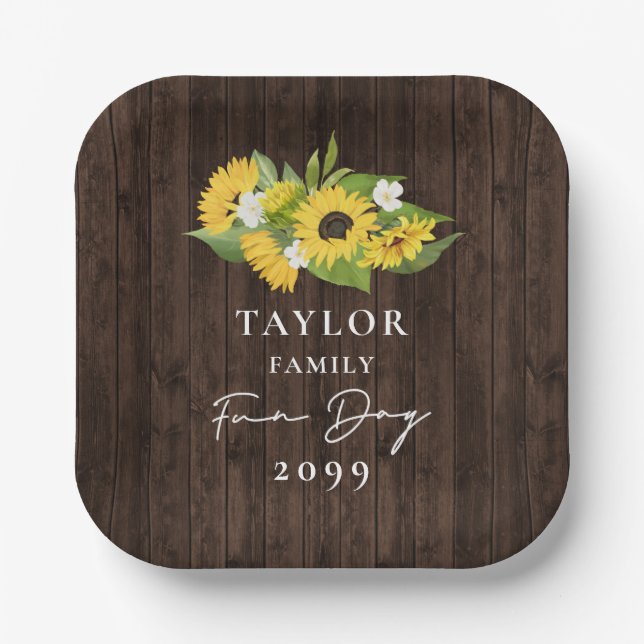 Rustic Sunflower Bouquet Family Fun Day Paper Plate (Front)