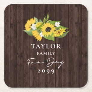 Rustic Sunflower Bouquet Family Fun Day Square Paper Coaster