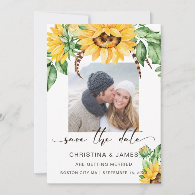 Rustic Sunflower Bouquet Photo Script Save The Date (Front)