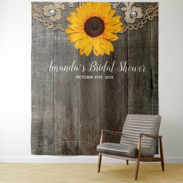 Rustic Sunflower Bridal Party Photo Booth Backdrop Tapestry (In Situ)