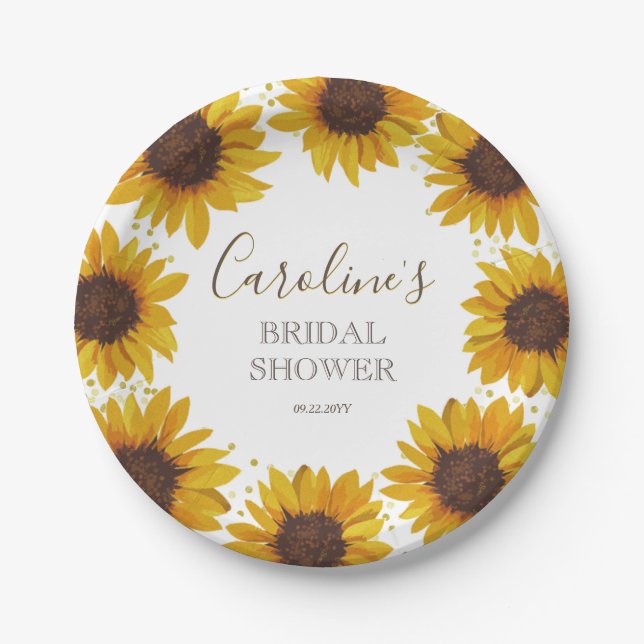 Rustic Sunflower Bridal Shower Boho Watercolor Paper Plate (Front)