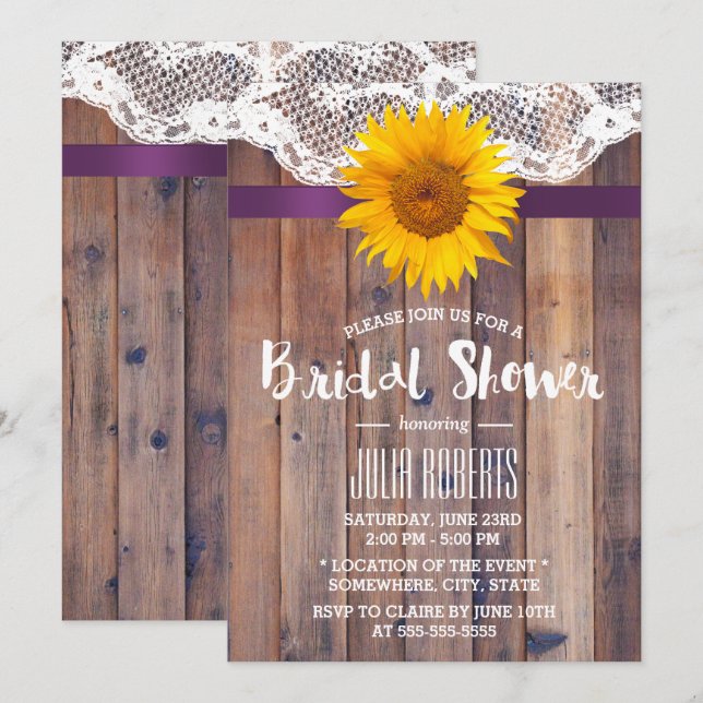 Rustic Sunflower Bridal Shower Laced Barn Wood Invitation (Front/Back)
