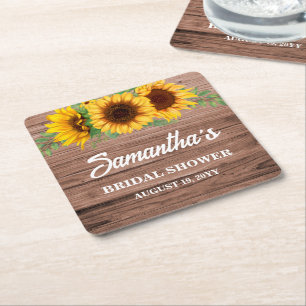 Rustic Sunflower Bridal Shower Square Paper Coaster