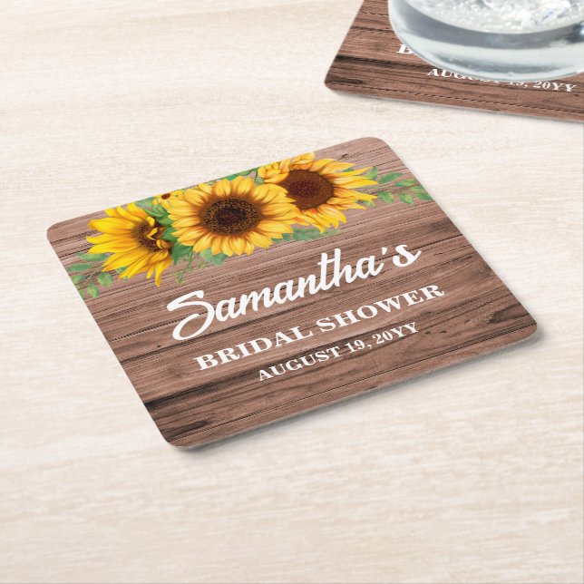 Rustic Sunflower Bridal Shower Square Paper Coaster (Angled)