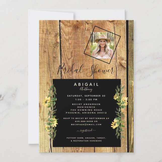 Rustic Sunflower Bride Photo Wood Bridal Shower Invitation (Front)