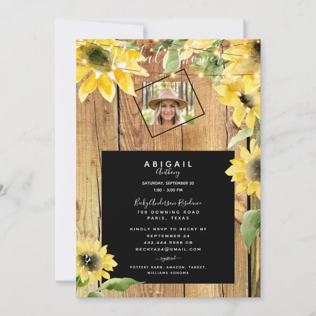 Rustic Sunflower Bride Photo Wood Lights Bridal Invitation (Front)