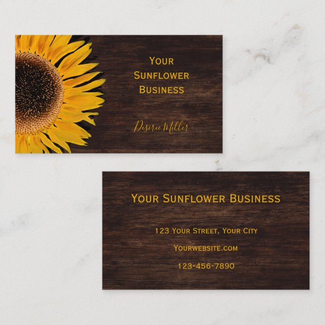 Rustic Sunflower Brown Country Wood Business Card (Front/Back)