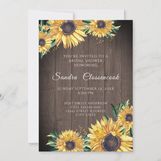 Rustic Sunflower Brown Wood Wedding Bridal Shower Invitation (Front)