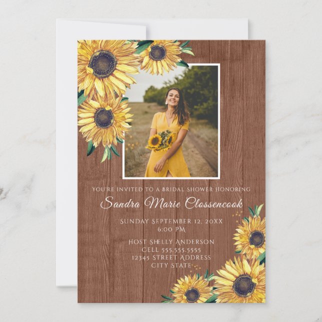 Rustic Sunflower Brown Wood Wedding Bridal Shower Invitation (Front)