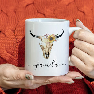 Rustic Sunflower Bull Skull Custom Name Coffee Mug