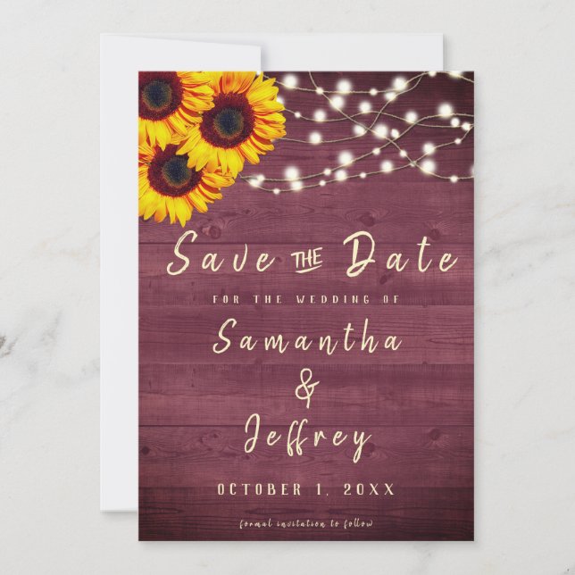 Rustic Sunflower Burdundy Wood Wedding Save The Date (Front)