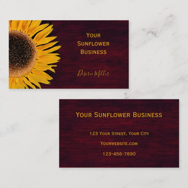 Rustic Sunflower Burgundy Country Wood Business Card (Front/Back)