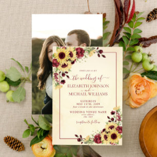 Rustic Sunflower Burgundy Floral Photo Wedding Invitation