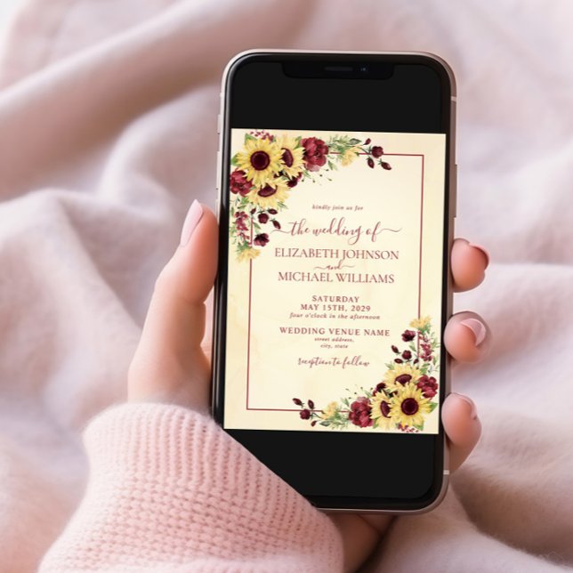 Rustic Sunflower Burgundy Floral Photo Wedding Invitation (Creator Uploaded)