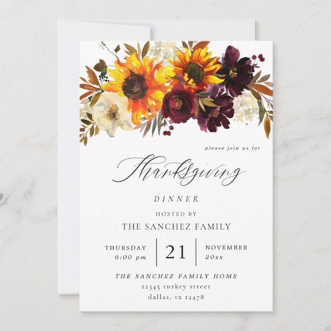 Rustic Sunflower & Burgundy Floral Thanksgiving Invitation (Front)