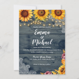 Rustic Sunflower Burgundy Floral Wood Wedding Invitation