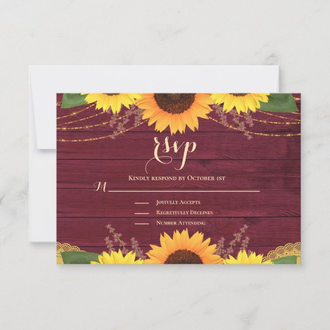 Rustic Sunflower Burgundy Gold Lace Wedding RSVP Card (Front)