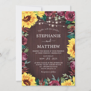Rustic Sunflower Burgundy Lights Wood Wedding Invitation