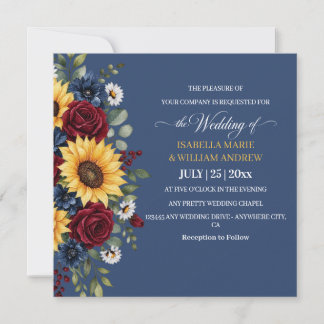 Rustic Sunflower Burgundy Navy Blue Wedding Invitation