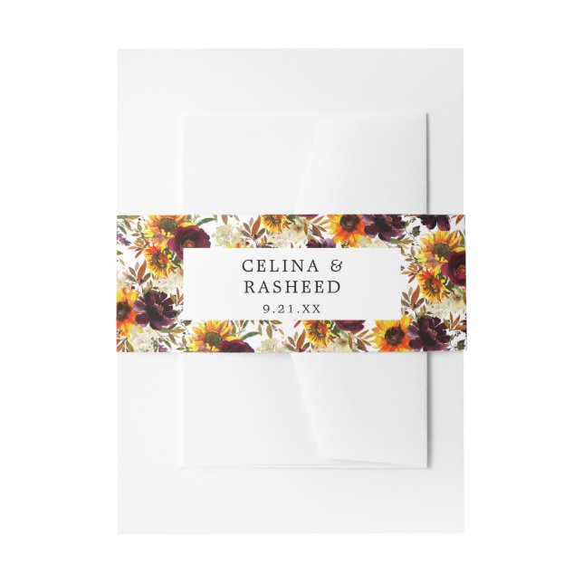Rustic Sunflower & Burgundy, Purple Floral  Invitation Belly Band (Front Example)