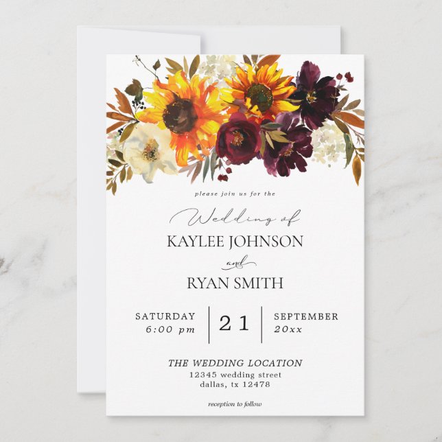 Rustic Sunflower & Burgundy, Purple Floral Wedding Invitation (Front)