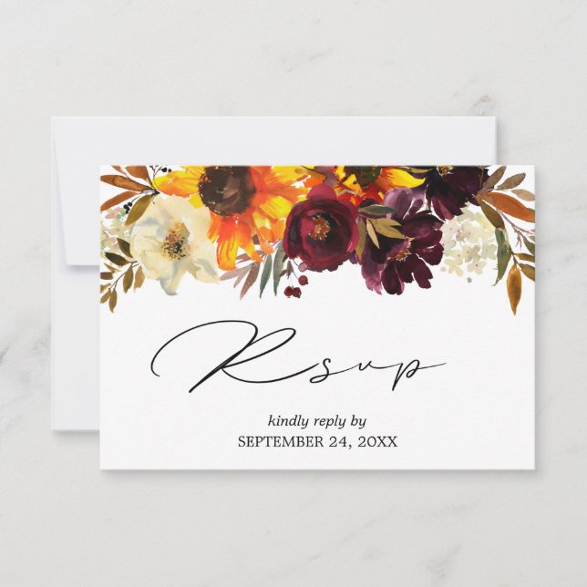 Rustic Sunflower, Burgundy Purple Floral with Meal RSVP Card (Front)