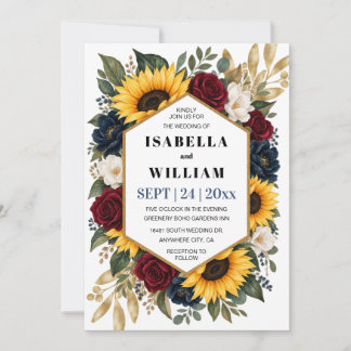 Rustic Sunflower Burgundy Red Navy Roses Wedding Invitation