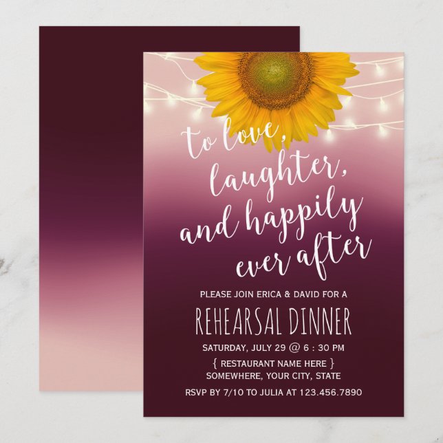 Rustic Sunflower Burgundy Red Rehearsal Dinner Invitation (Front/Back)