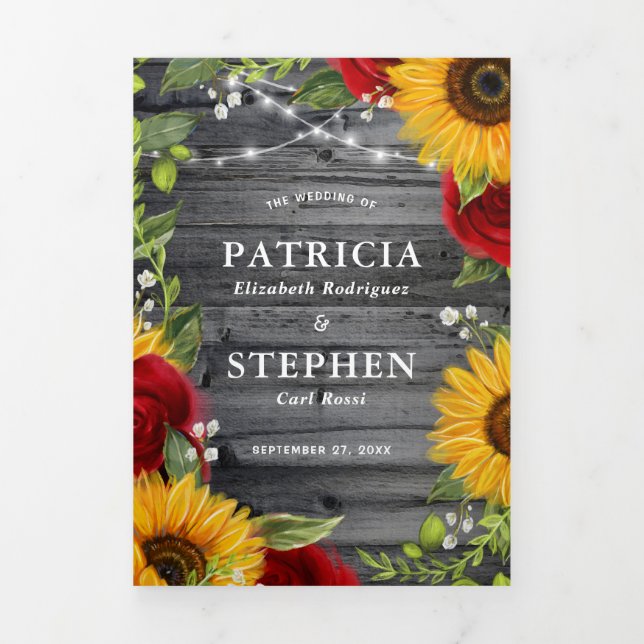 Rustic Sunflower Burgundy Red Rose Photo Wedding Tri-Fold Card (Cover)