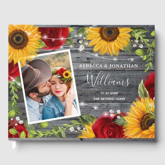 Rustic Sunflower Burgundy Red Rose Wood Wedding Guest Book (Front)