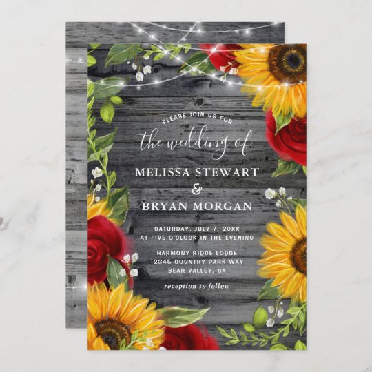 Rustic Sunflower Burgundy Red Rose Wood Wedding Invitation Zazzle Co Uk