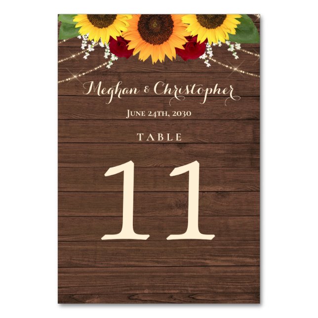 Rustic Sunflower Burgundy Red Roses Wood Wedding Table Number (Front)