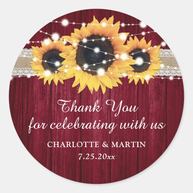 Rustic Sunflower Burgundy Red Wedding Stickers (Front)