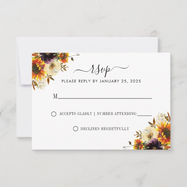 Rustic Sunflower Burgundy Rose Modern Fall Wedding RSVP Card (Front)