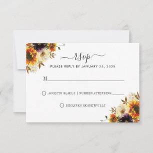 Rustic Sunflower Burgundy Rose Modern Fall Wedding RSVP Card