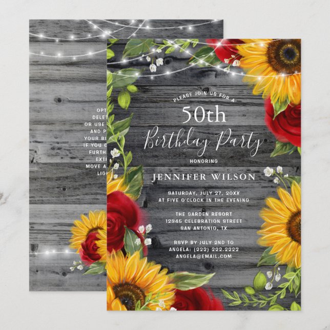 Rustic Sunflower Burgundy Rose Wood Birthday Party Invitation (Front/Back)