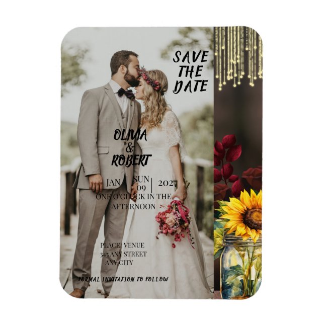 Rustic Sunflower, Burgundy rose, Wood, Light, Jar Magnet (Vertical)