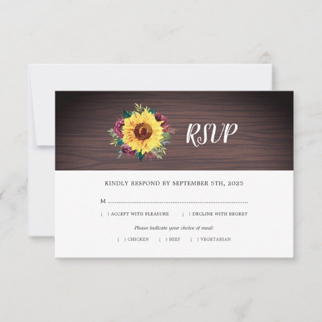 Rustic Sunflower Burgundy Rose Wood Wedding Meal RSVP Card (Front)