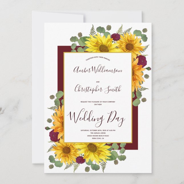 Rustic Sunflower Burgundy Roses Country Wedding Invitation (Front)